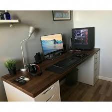 Ikea Karlby Countertop In Walnut Color Resting On Two Ikea Alex Drawer Units Pc Builds And Setups P Diy Computer Desk Modern Computer Desk Home Office Setup
