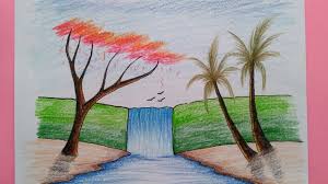 Pemandangan pantai mudah cara menggambar dan mewarnai gradasi warna oil pastel. Cara Menggambar Pemandangan Air Terjun Waterfall Scenery Drawing Youtube