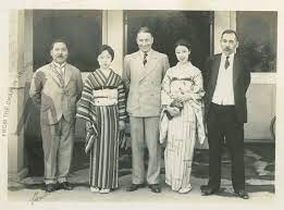 Search | Search | [Sydney Chaplin, K. Ikenaga, Kyoko Sakurai, Miyako  Fugimura, T. Nakagawa in front of the Nikkatsu Studios in Kyoto] | Charlie  Chaplin Archive