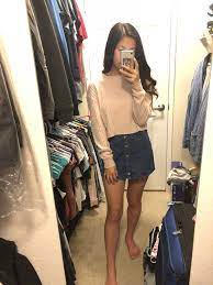 Cropped Long Sleeve And Jean Skirt Outfit Skirt Outfits Jean Skirt Outfits Outfits