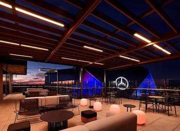 Sweeping Views of Mercedes-Benz Stadium from RT60 Rooftop Bar, AI generated