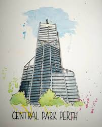 No 3 In My Series Of Perth Buildings Central Park Is A 51 Storey Office Tower In Perth Western Australia The Bu Pen And Watercolor Office Tower Central Park