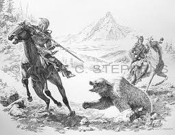 Impressions Of The West Western Pencil Drawing Of A White Man And Native American Indian Hunting The Grizzly Be Native American Art Western Artist Western Art