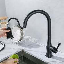 Sink & faucet sets : Black Pull Down Kitchen Sink Faucet Single Handle One Hole Gooseneck Brass Adjustable