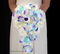 Cascading Brides Bouquet With Orchids Tipped In Turquoise And Purple Purple Picasso Lilies And White Ro Silk Flowers Wedding Turquoise Wedding Wedding Flowers