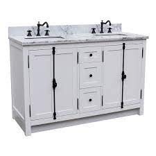 The porcelain sinks are oval and mounted under the vanity top. Bellaterra 400100 55 Ga Wm Plantation 55 Inch Double Vanity In Glacier Ash With White Marble