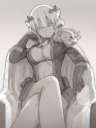absurd res big breasts cape cleavage crossed legs female female  only hi res horns jumpsuit looking at viewer made in abyss monochrome no  bra open shirt revealing clothes short