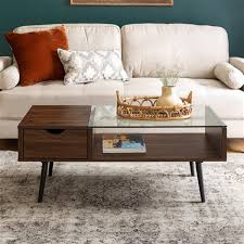 Two smaller, tables placed alongside perform better that 1 large bulky coffee table. Walker Edison Modern Wood And Glass Coffee Table With Drawer Dark Walnut Lwf42jmgldw Rona
