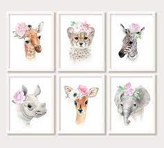 Girl Nursery Wall Art Safari Baby Animals With Flower Crown Etsy In 2021 Decorating Toddler Girls Room Girl Nursery Wall Baby Animal Painting
