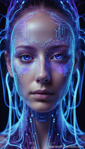 imagine a portrait of artificial intelligence as a living entity a serene  face with translucent skin revealing glowing circuits Prompts