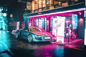 Hd Wallpaper Car Parked Near Store Night Audi Street Hd Wallpaper Outrun Wallpaper Flare