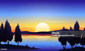 Beautiful Dawn Lake Landscape Vector Background Stock Illustration
