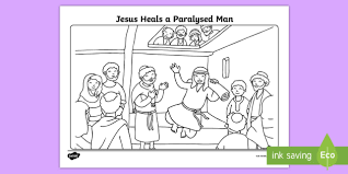 Miracles , mercy , mark , jesus , healing , gospels , forgiveness , compassion , bible stories , new testament , paralytic , paralyzed. Jesus Heals Activity Page Colouring Page