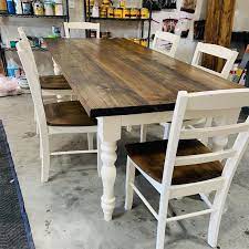 7ft Rustic Farmhouse Table With Chairs And Turned Legs Dark Etsy Rustic Farmhouse Table Dining Table Makeover Wooden Dining Tables