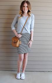 Black And White Striped Pencil Skirt Outfit From My Grey Desk Blog Love This Outfit Comfortable Work Clothes Casual Skirt Outfits Fashion