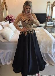 Lace Black Puffy Pearls Gold Long Sleeves Appliques A Line Prom Dresses High Quality Weddi Black Long Sleeve Prom Dress Black Prom Dresses Gold Evening Dresses