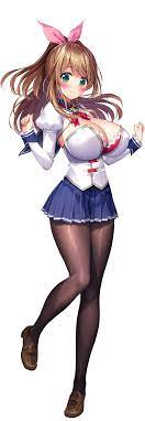 1girls black legwear blush breasts brown hair cleavage derauea  eyebrows visible through hair female full body green eyes hair ribbon happy  highres huge breasts konoka misaki large breasts long