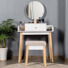 Wooden Makeup Dressing Mirror Table Set With Drawer Wooden Vanity Dresser Table Dressing Table With Stool