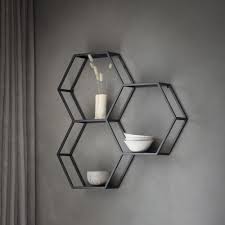 Black Metal Hexagon Trio Wall Shelving Unit Industrial Shelves