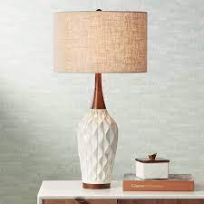 Enjoy free shipping on most stuff, even big stuff. Rocco Mid Century Modern Table Lamp White Geometric Ceramic Wood Tan Fabric Drum Shade For Living Room Family Bedroom 360 Lighting Amazon Com
