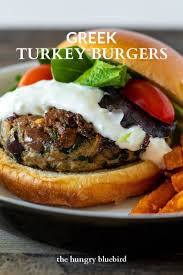 Greek Turkey Burgers With Yogurt Sauce The Hungry Bluebird Recipe In 2020 Greek Turkey Burgers Turkey Burgers Olive Recipes