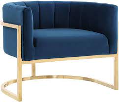 Glossy element and blue tone for neat and narrow living room, the best treatment to perform is by using something glossy. Maesta Navy Blue Velvet Gold Modern Accent Chairs Contemporary Accent Chairs