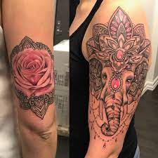 Pink Rose Mandala Elephant Dotwork Linework Pearls Tattoo Sleeve Rose Tattoo Sleeve Yellow Rose Tattoos Mens Shoulder Tattoo