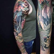 Geisha With Fans Japanese Sleeve Tattoo For Men Japanese Sleeve Tattoos Japanese Sleeve Sleeve Tattoos