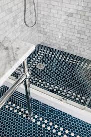 Check spelling or type a new query. Blue Hexagon Shower Floor Tiles With White Hexagon Border Transitional Bathroom