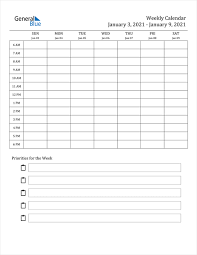 Free 2021 excel calendars templates. Weekly Calendar January 3 2021 To January 9 2021 Pdf Word Excel