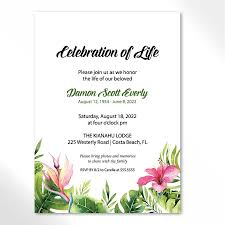 Celebration of life invitation green forest pines …. Celebration Of Life Invitation Tropical Theme With Palm Fronds