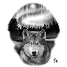 Black And Grey Wolf Tattoo Alaskan Timberwolf Set Against Aurora Borealis Wolf And Moon Tattoo Wolf Tattoos Wolf Tattoo