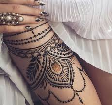 Ornamental Hamsa Mandala Tattoo Thigh Cuff Black Grey Henna Henna Thigh Tattoo Thigh Henna Leg Henna Designs