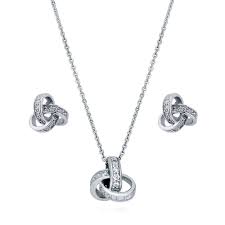 Sterling Silver Cz Love Knot Necklace And Earrings Set Wedding Earrings Studs Jewelry Gift Sets Silver Cz Earrings
