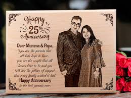 Wine glasses for husband and wife. Customized Engraved Wooden Photo Plaque For 25th Anniversary For Parents 9 X 7 Inches Brown Incredible Gifts
