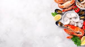 Hình nền Các Loại Hải Sản Tươi Sống Hoàn Hảo Cho Món Cơm Thập Cẩm được  Trưng Bày Trên Nền Trắng Có Họa Tiết, Nền Nhìn Từ Trên Xuống, Nhìn Từ Trên