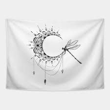 Black fairy sitting on white half moon dreaming about stars tattoo. Intricate Half Crescent Moon With Dragonfly Tattoo Design Moon Dragonfly Tattoos Flower Dragonfly Tapestry Teepublic