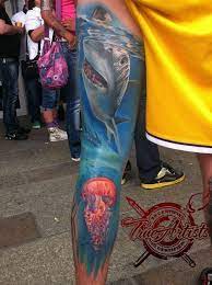 See more ideas about underwater tattoo, tattoo designs, scene tattoo. Full Leg Underwater Scene Tattoo Shark Tattoos Jellyfish Tattoo Tattoos