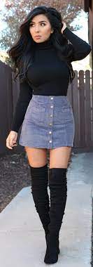 Winter Outfits Black Long Sleeve Shirt And Denim Skirt Denimskirt Denimskirtoutif Thigh High Boots Kneeh Casual Fall Outfits Fashion Casual Winter Outfits