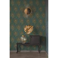 Dimensions l 288 x h 270 cm (6 lés de 48 cm x h 270 cm). Papier Peint Vinyle Tribeca Plumes Paon Vert Or Leroy Merlin