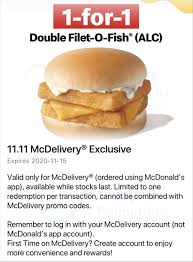 Apply mcdonald's online coupons from the app. 1 For 1 Double Filet O Fish A La Carte For Mcdelivery Orders Via Mcdonald S App Till 15 Nov 2020 Batam Top Places