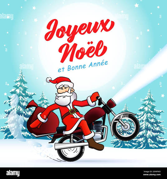 Joyeux Noel et Bonne Annee French text - Merry Christmas and Happy New Year greetings card. Santa Claus biker winter holidays 2021 banner, pine tree Stock Vector Image & Art - Alamy