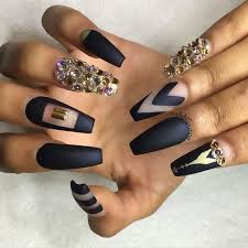 Yellow And Black Acrylic Nail Designs Black Gold Coffin Nails W Negative Space Designs And Gold Rhinestones Gold Coffin Nails Coffin Nails Designs Black Coffin Nails