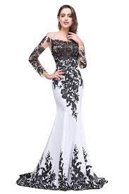 Mermaid Illusion Neckline Long Sleeve Black And White Satin Lace Prom Dress Black And White Prom Dresses White Prom Dress White Evening Dress
