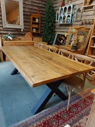 The rustic table is a classic restaurant located inside the sierra woods lodge in the beautiful sierra ountains. Large Rustic Reclaimed Pine Dining Table On Cross Metal Legs Owen Farm