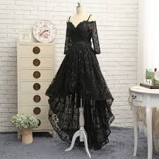 Black A Line Spaghetti Straps Short Front Long Back Bow Lace Prom Evening Dress Uniqistic Com Gothic Prom Dress Evening Dresses Prom Prom Gowns Vintage