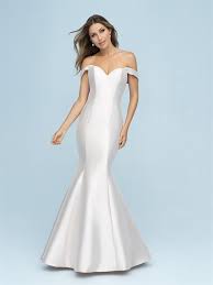 Draped Off Shoulder Fit N Flare Wedding Dress With Straps Soften The Silhouette Of T Allure Wedding Dresses Allure Bridal Allure Bridal Wedding Dress