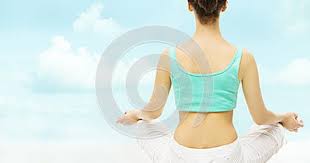 Yoga Woman Back View Meditate Sitting In Lotus Pose Over Sky Background Lotus Pose Poses Yoga Women