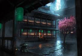 Using these model assets, a night scene was created. Brown 2 Storey Anime Wallpaper Rain Lantern Drawing Cherry Blossom Hd Wallpaper Wallpaperbetter