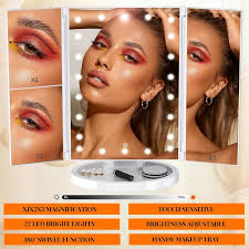 Cyclysio Vanity Desk with Charging Station, White Makeup Vanity with  Lighted Mirror, Tri-Fold, Small Vanity Set with Drawers & 3